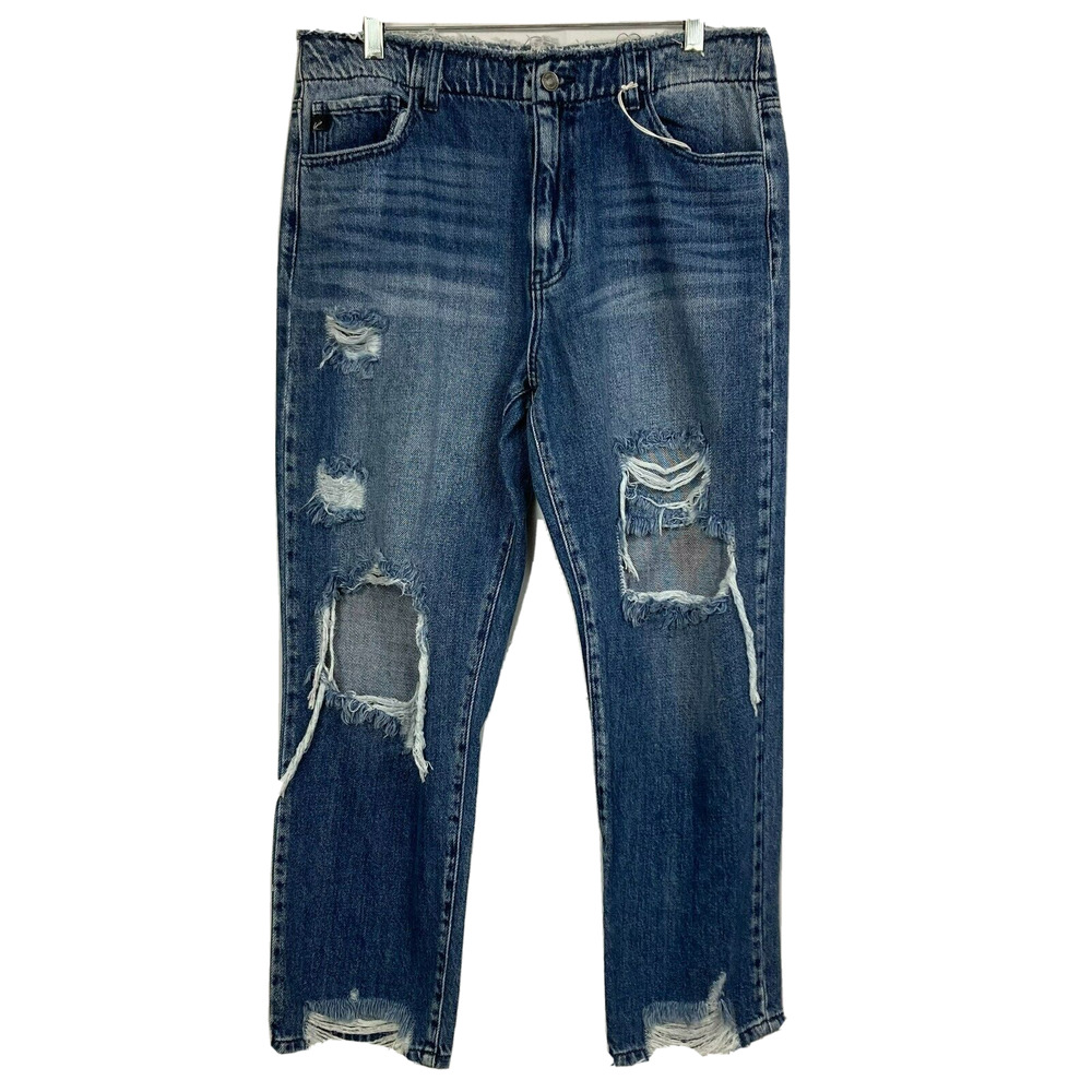 NWT KanCan Jeans Womens Sz 29‎ 8 Blue Crop Distressed Ripped Straight High Rise